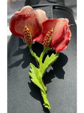 Vintage Enamel Flower Brooch W/ Red Glass Accents Dimensional Floral Pin Pinks &
